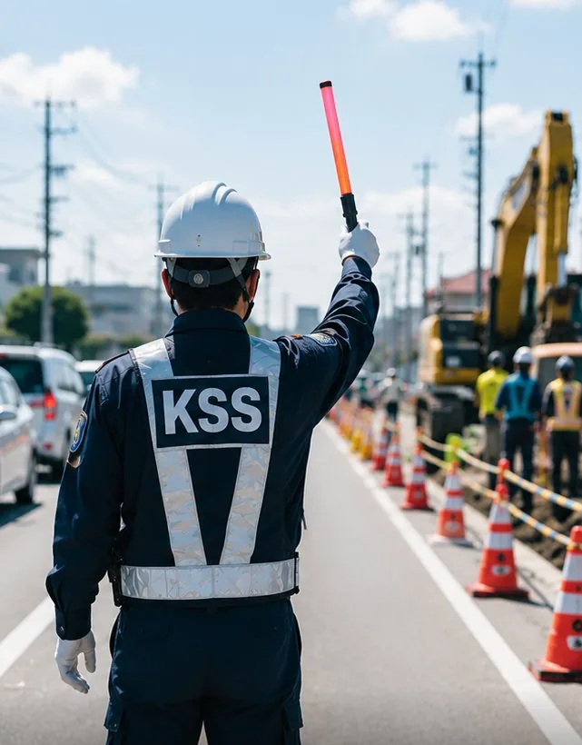 道路工事の交通誘導を行うKSSの警備員